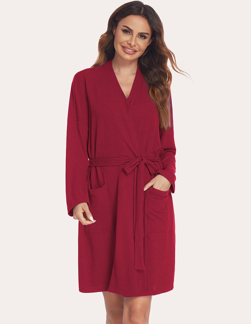 Red nursing maternity robe with V-neck, tied waist belt, long sleeves, side pockets, knee length