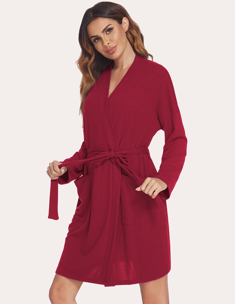 Red nursing maternity robe with V-neck and tied waist belt, long sleeves, side pockets