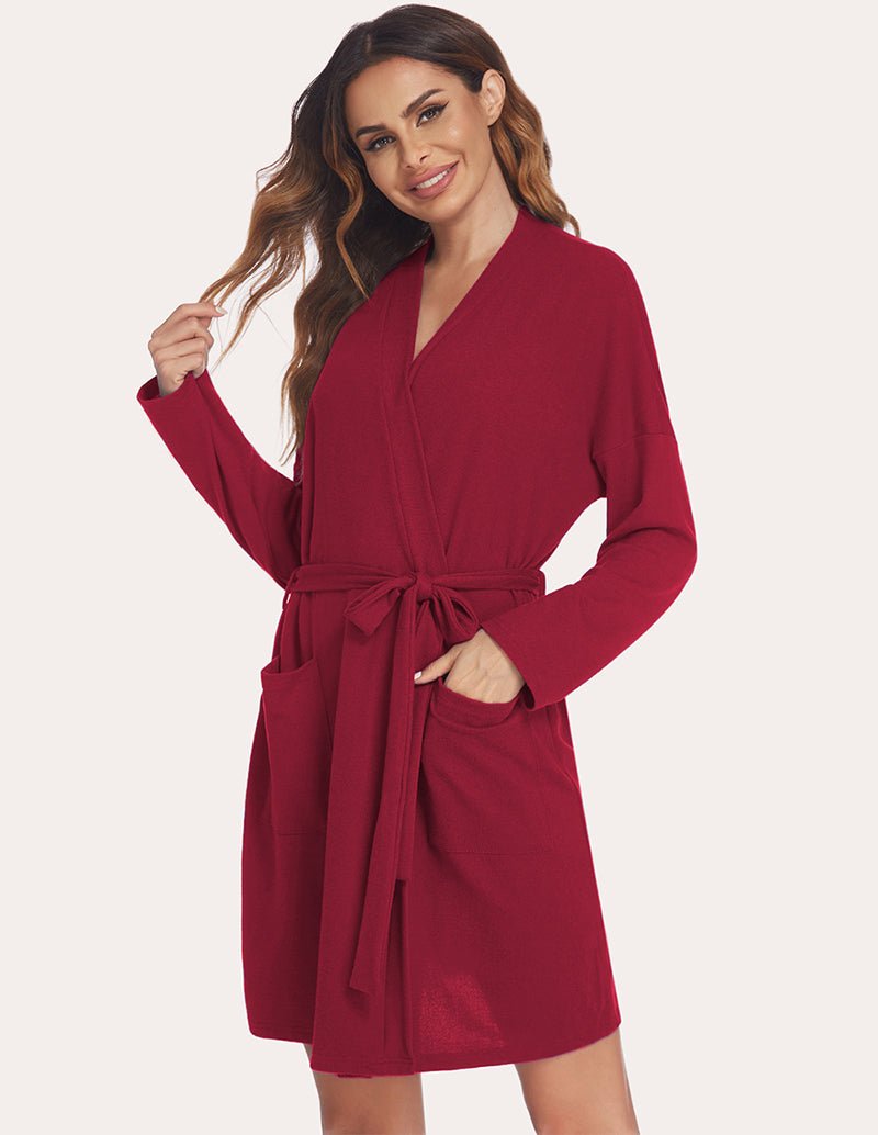 Red nursing maternity robe with V-neck, long sleeves, waist tie belt, knee length, pockets