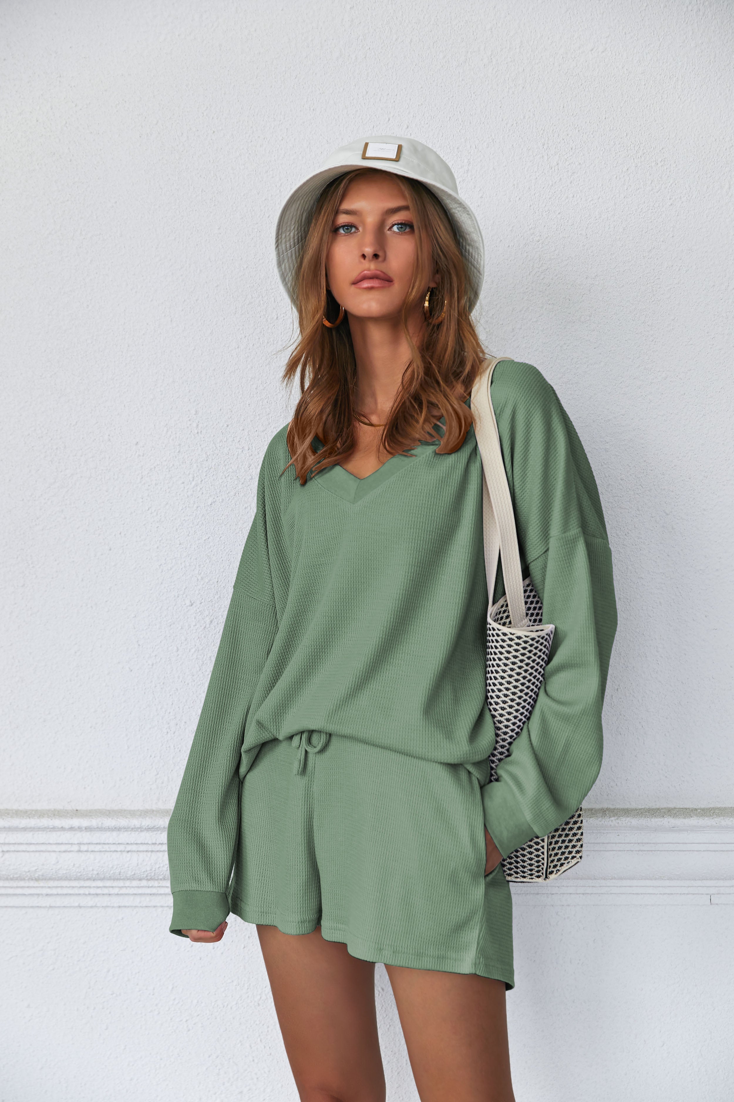 Army green V-neck lounge pajama set: long-sleeve top with drawstring waist shorts