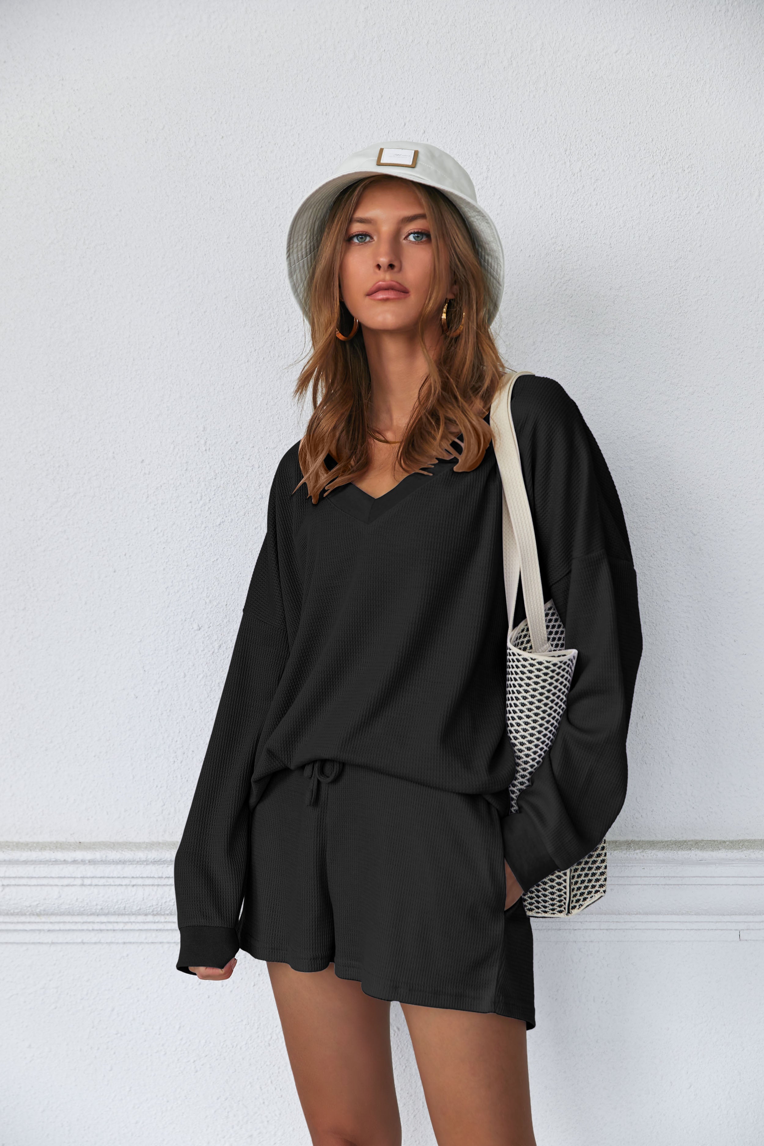 Black V-neck lounge pajama set: long-sleeve top with drawstring waist shorts