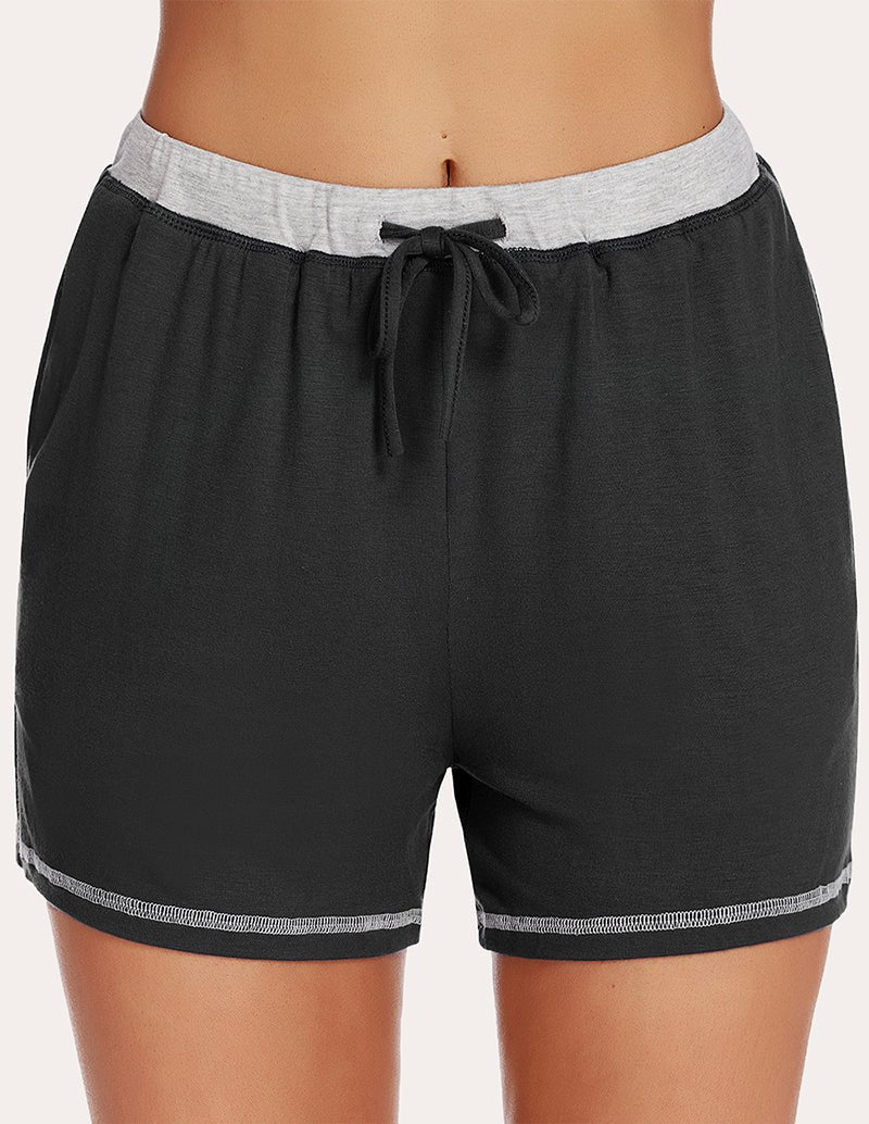 Black pajama shorts with light-gray waistband and black drawstring tie