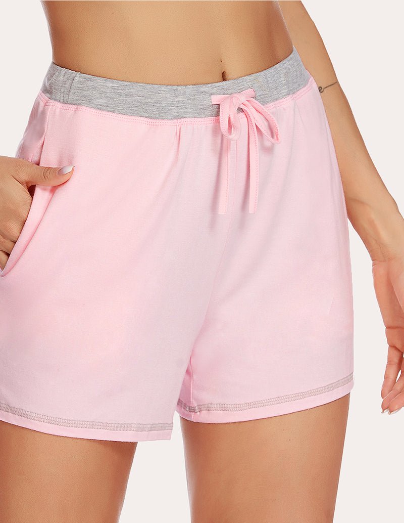 Misty rose pajama shorts with grey waistband and front tie detail