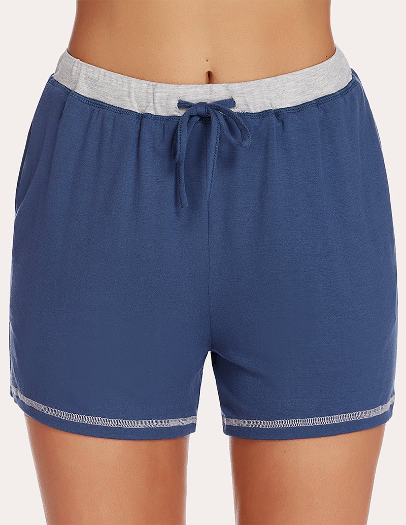 Navy pajama shorts with drawstring waistband and contrast heather-gray trim
