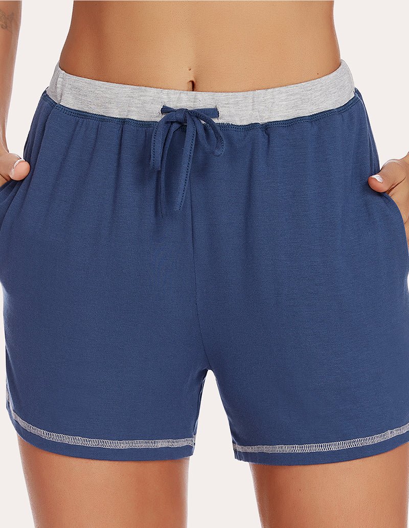 Ekouaer navy pajama shorts, adjustable tie waist and heather-gray waistband trim