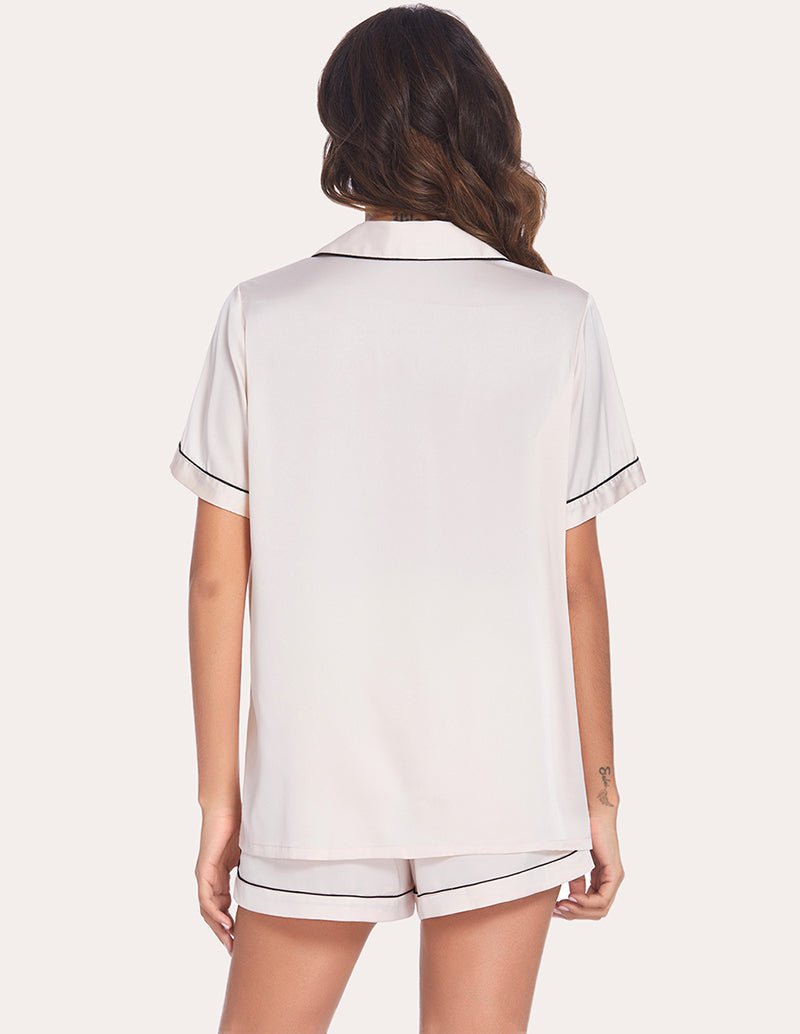 White piping pajama set, back view of button-front top and matching shorts