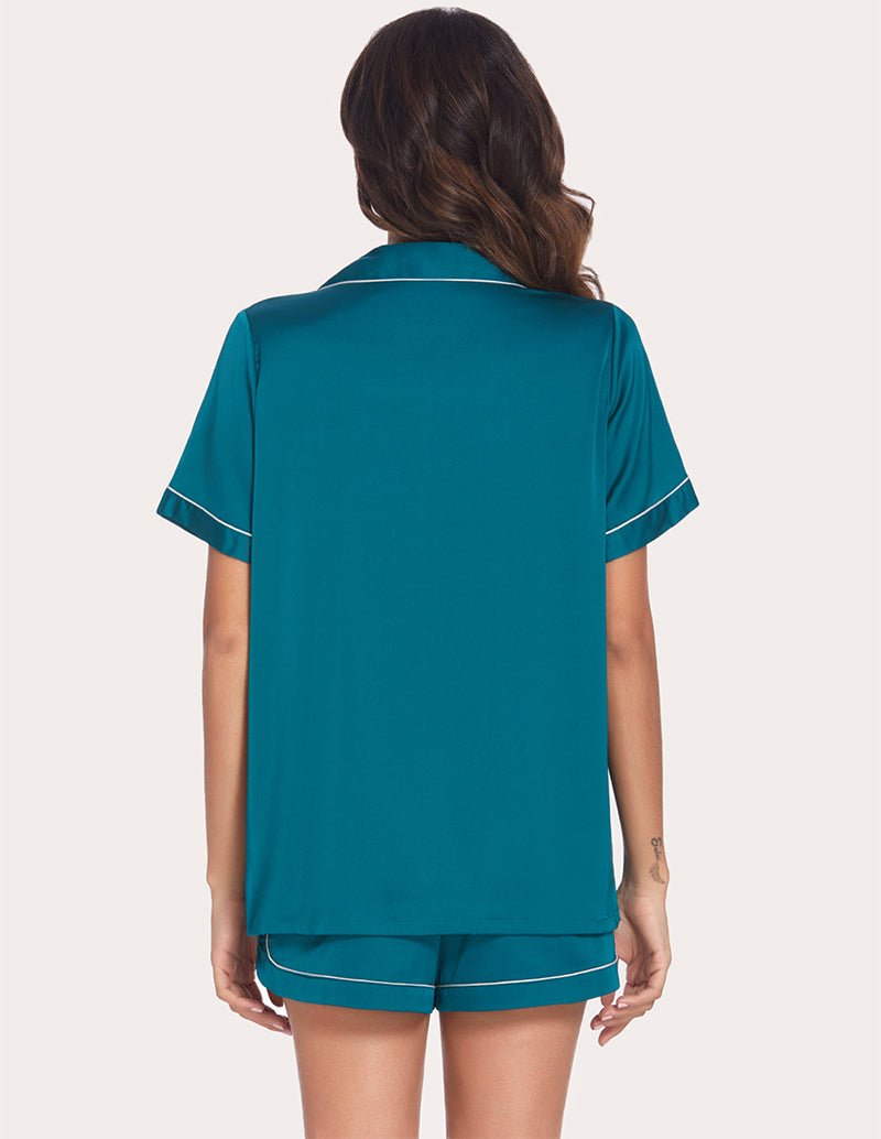 Teal piping pajama set, back view of button-front top and matching shorts