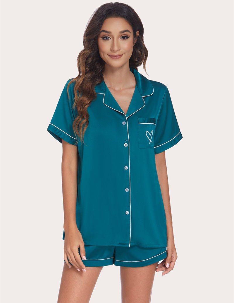 Teal piping pajama set with button-front short-sleeve top and matching shorts