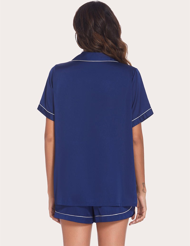 Women's navy pajama set from the back: short-sleeve top with matching drawstring shorts