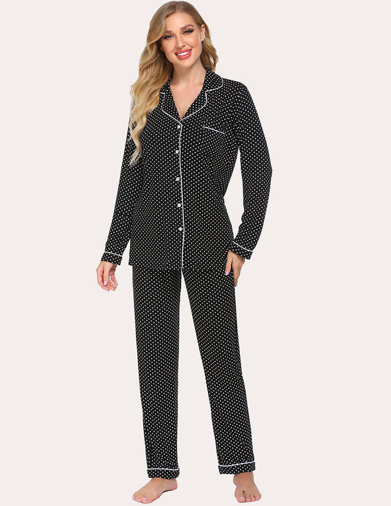 Women’s dark navy and white dot pajama set, long-sleeve button top and full-length pants