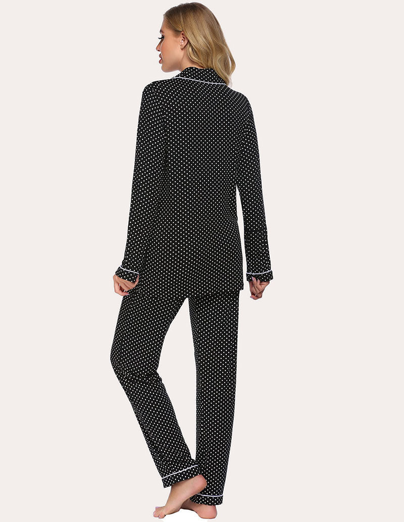Women’s pajama set: dark navy and white dot printed button shirt with matching tapered pants