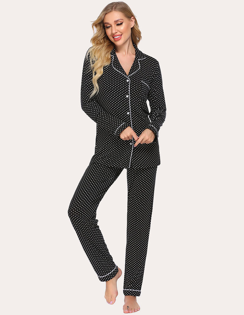 Women’s navy and white dot pajama set with long-sleeve button shirt and tapered pants