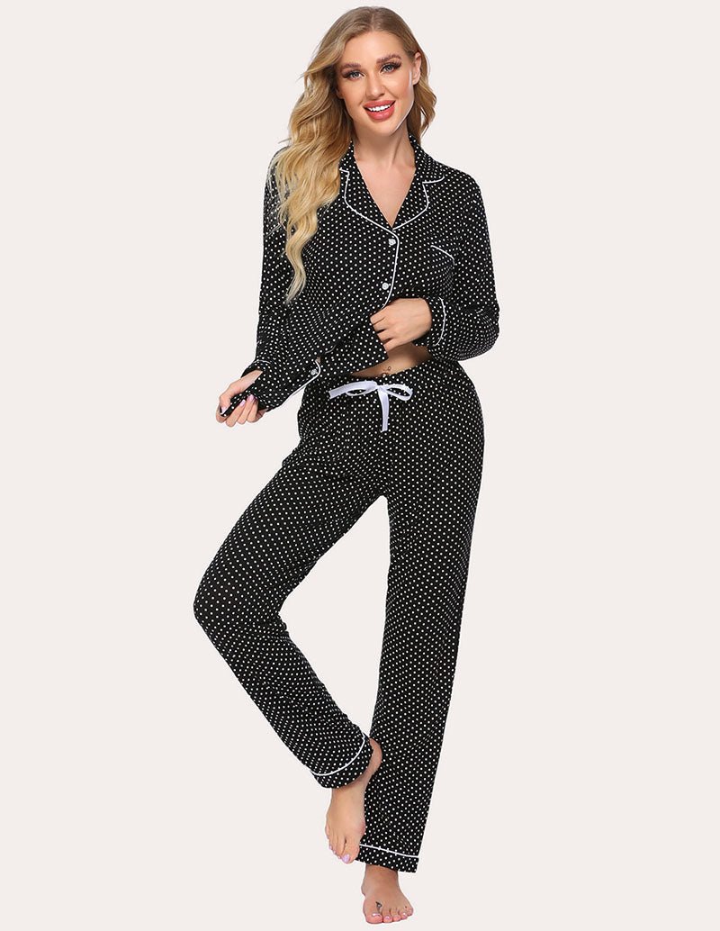 Women’s pajama set in navy with white dots, long-sleeve button top and pants with drawstring