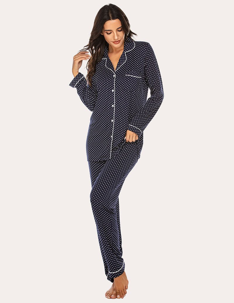 Women’s navy and white dot pajama set, long-sleeve button top and matching pants