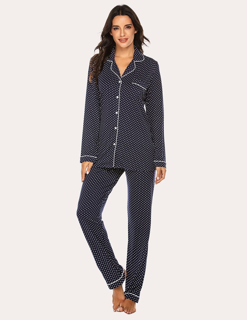 Women’s pajama set, dark navy with white dot pattern, button-down top and matching pants
