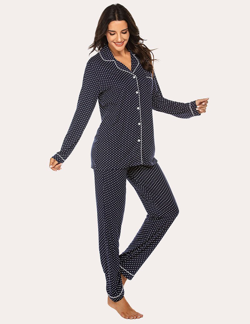 Women’s navy and white dot pajama set, button-down long-sleeve top and tapered pants