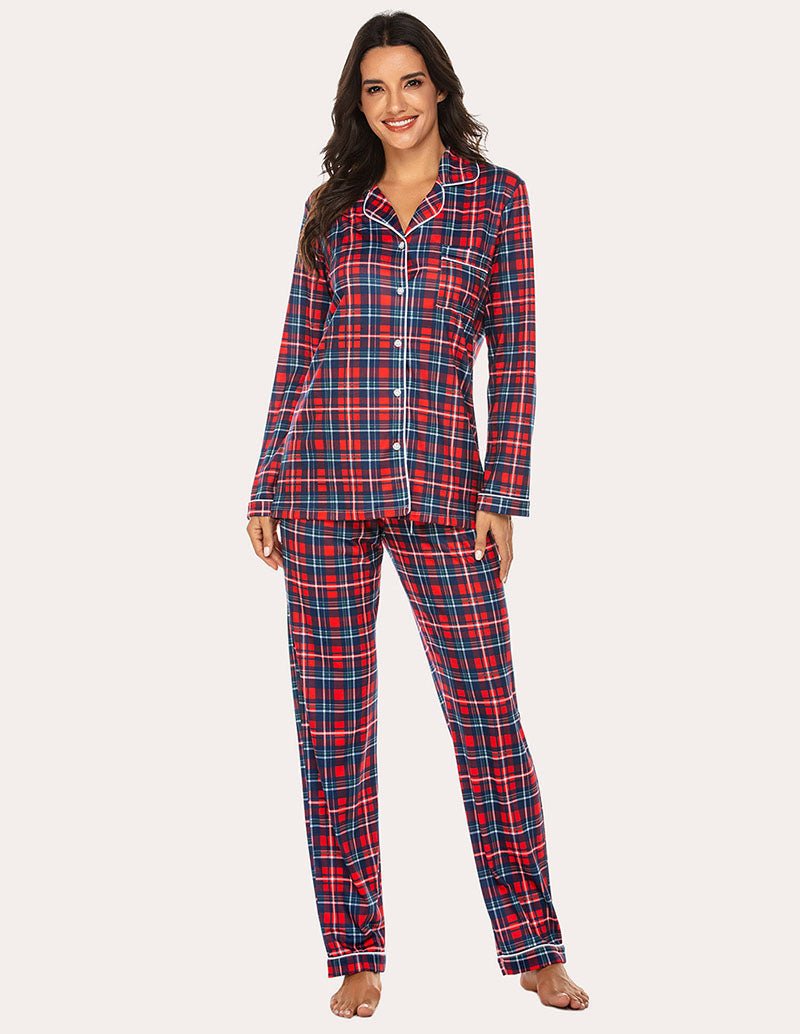 Plaid pajama set with collared button-front top and matching long pajama pants