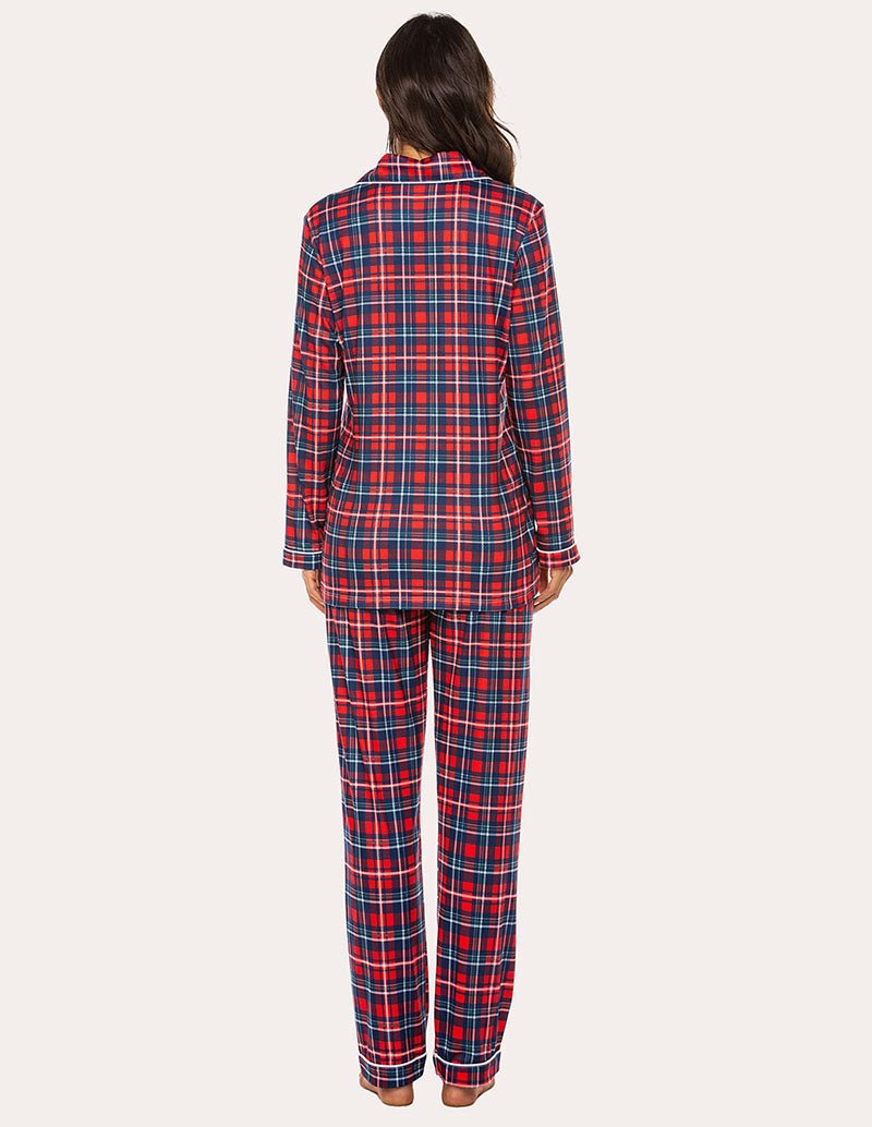 Back view of plaid pajama set, long-sleeve top and straight-leg pajama pants