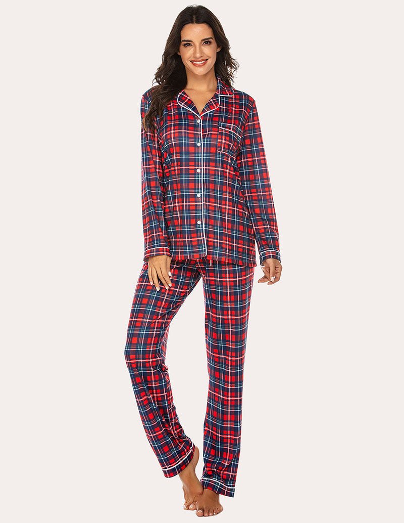 Plaid pajama set with button-down long-sleeve top and matching pajama pants
