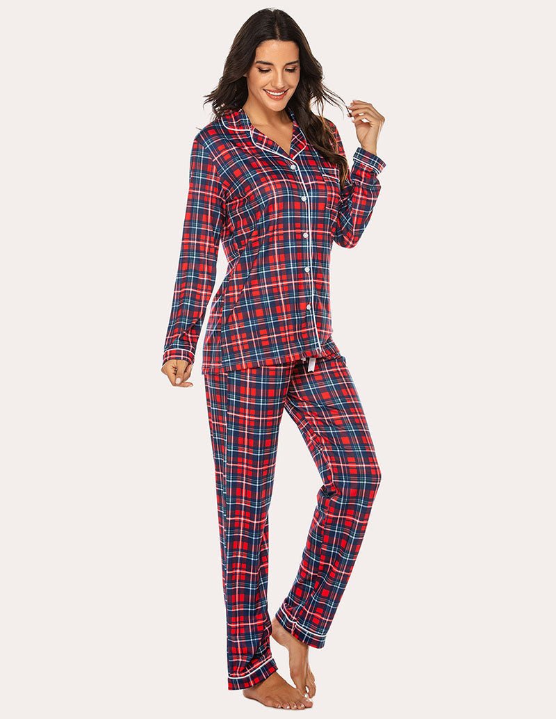 Plaid pajama set with collared top and straight-leg matching pajama pants