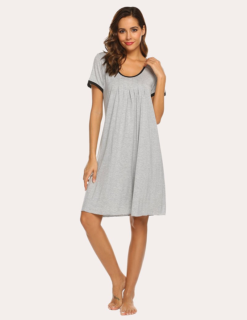 Light grey pleated nightdress with scoop neckline and short sleeves, relaxed fit