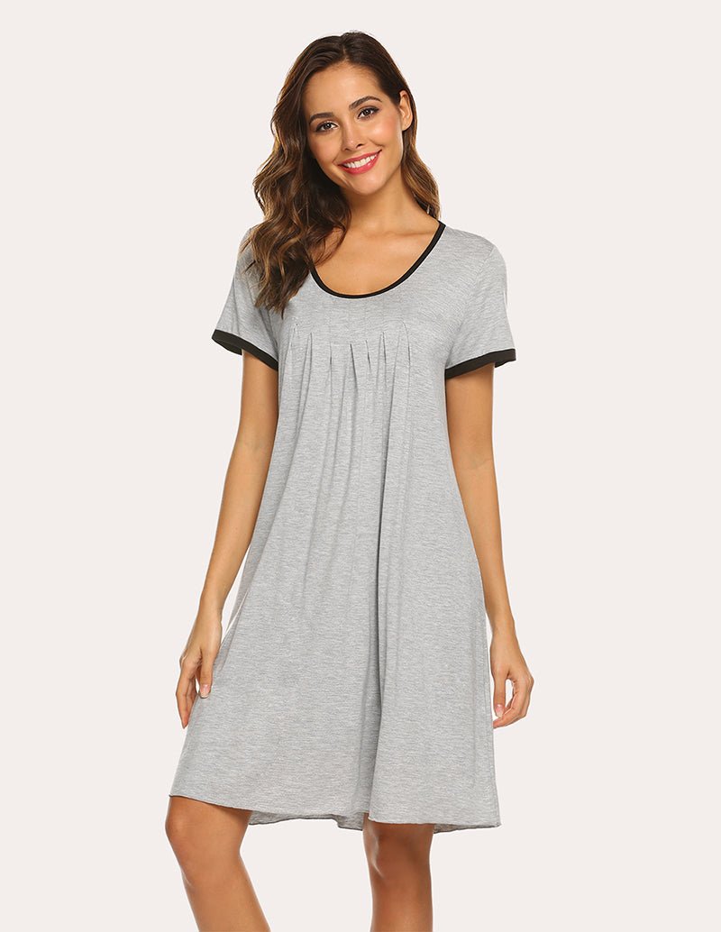 Light grey pleated nightdress, short sleeves with black contrast trim