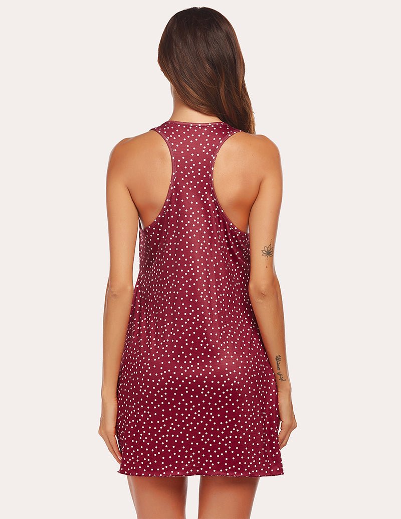 Racerback polka dot nightdress, open back, wine red with white dots