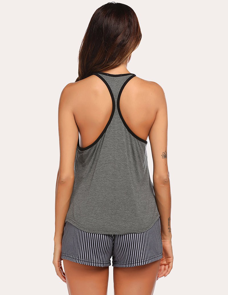 Grey racerback tank and striped shorts pajama set, back view with cutout strap detail.