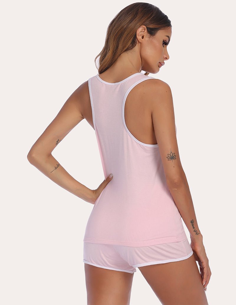 Racerback tank and shorts set in light pink with open back, side view