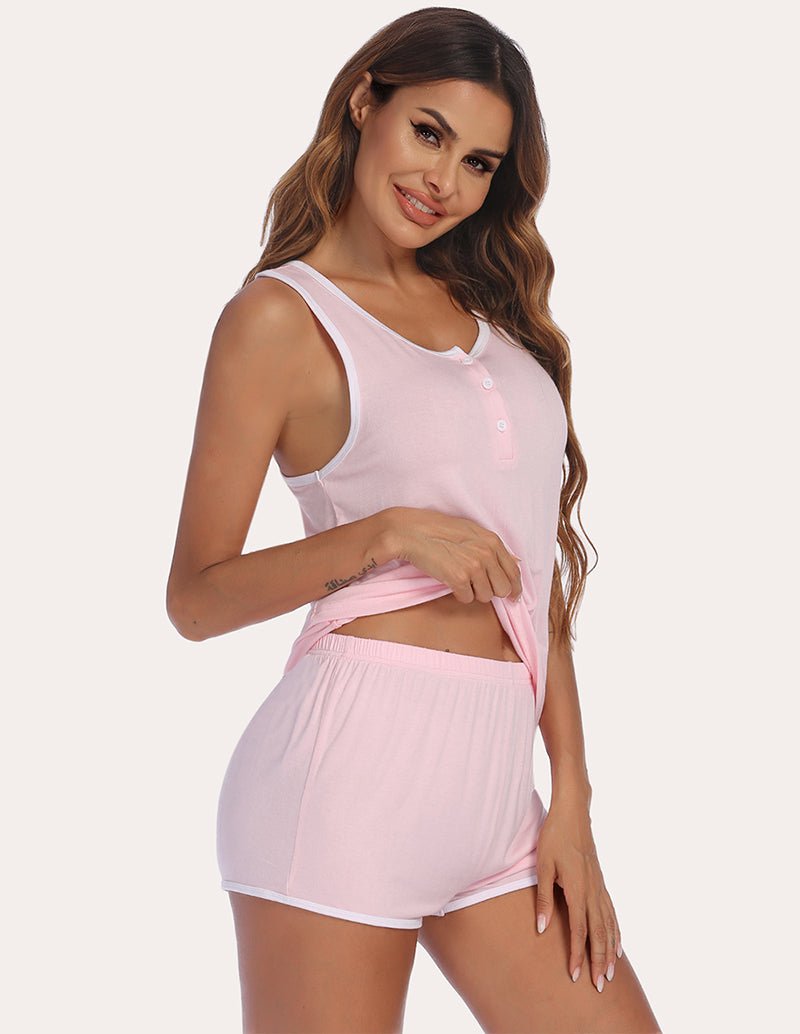 Racerback tank and shorts set in light pink with button front, elastic-waist shorts