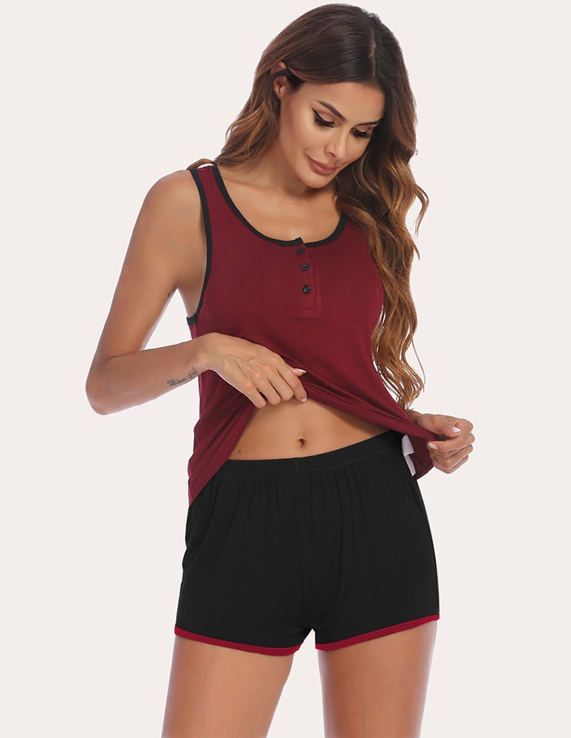 Racerback tank and shorts set in wine red, black shorts with red piping, front view