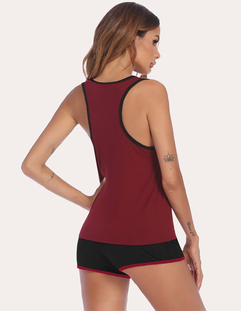 Racerback tank and shorts set in wine red with black trim, back view