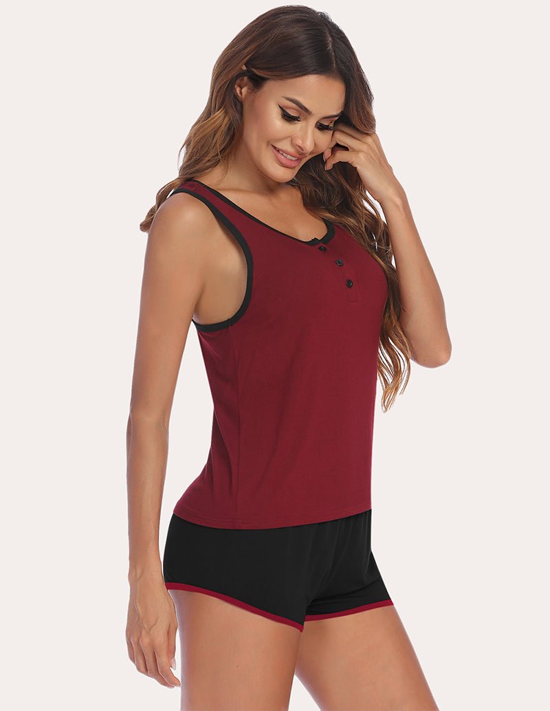 Racerback tank and shorts set in wine red with black shorts and red contrast trim
