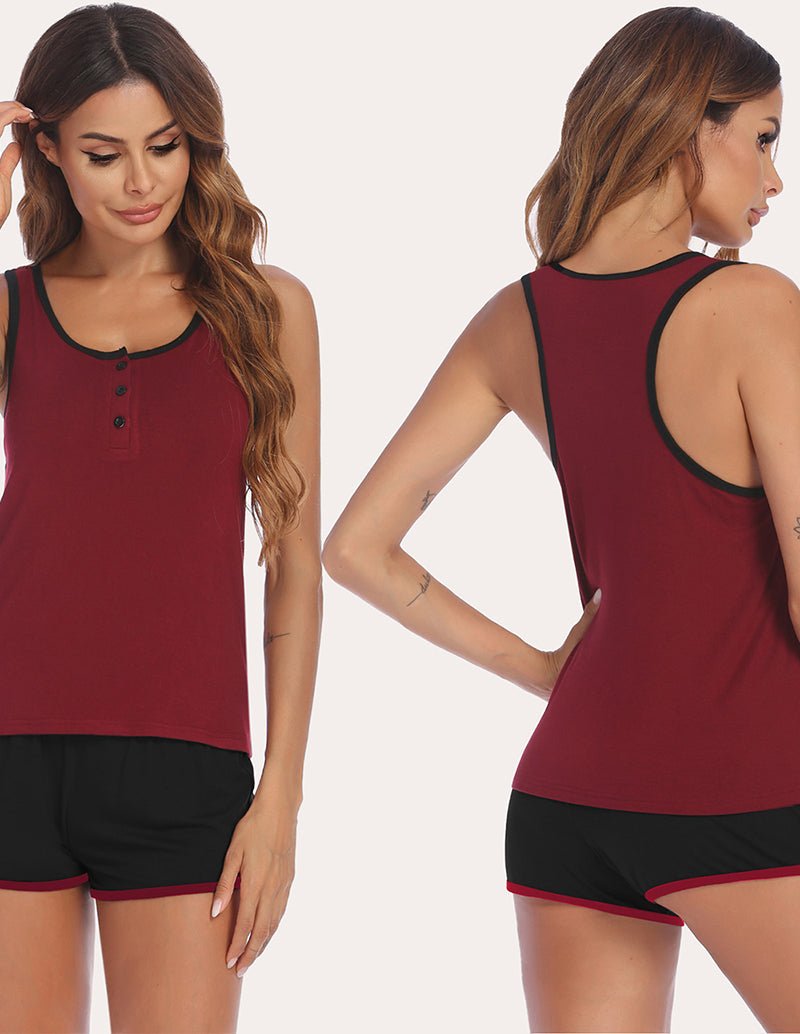 Burgundy racerback tank and shorts set with black trim, button front