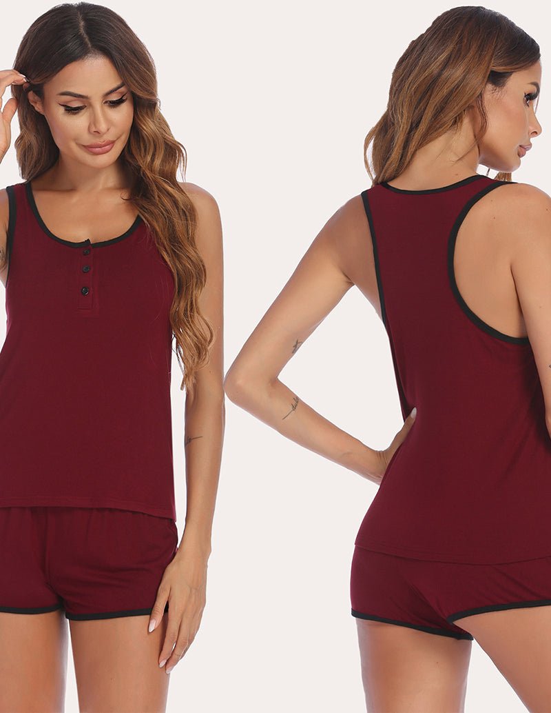Burgundy racerback tank and shorts set, front and back view with black trim