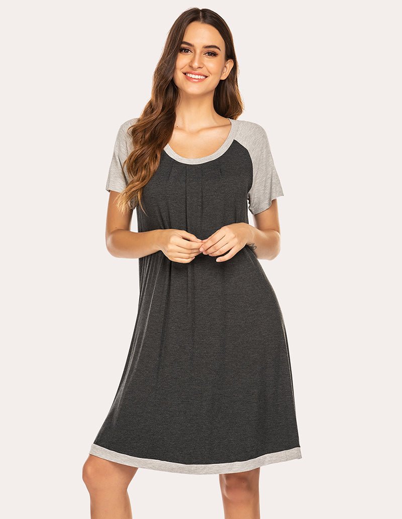 Dark grey raglan sleep dress with light grey neckline trim and hem band, knee-length