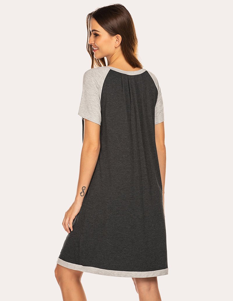 Dark grey nightdress, raglan sleeves, scoop neck, contrast hem and sleeve cuffs light grey
