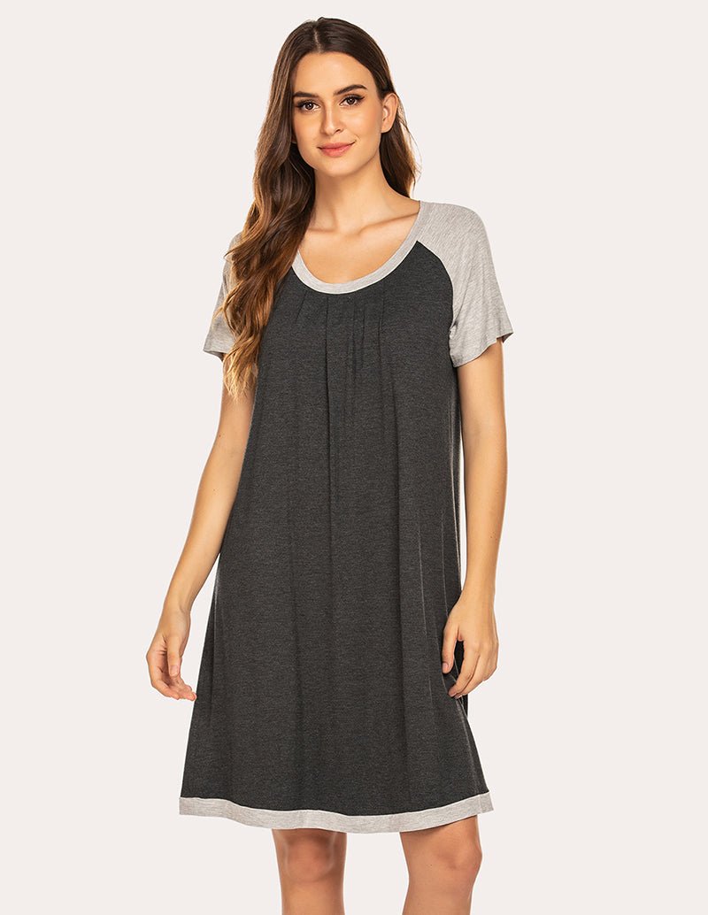 Dark grey raglan nightdress with contrast light grey trim, scoop neckline, short sleeves