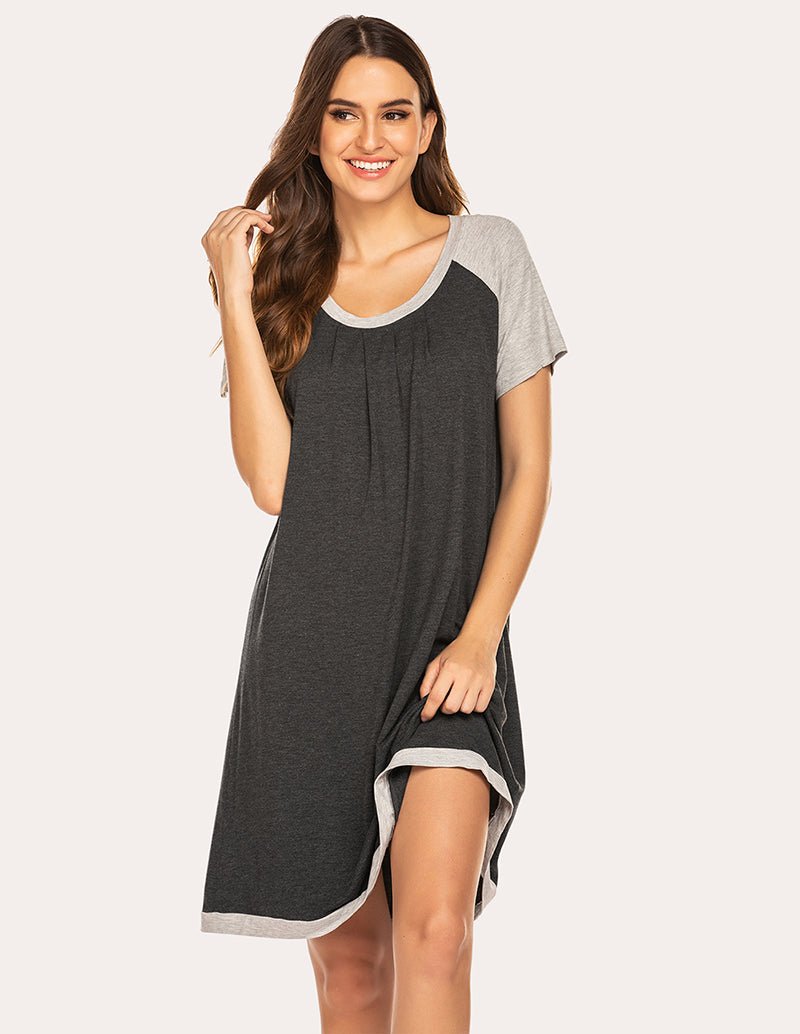 Dark grey nightdress with two-tone raglan sleeves, scoop neck, contrast hem border