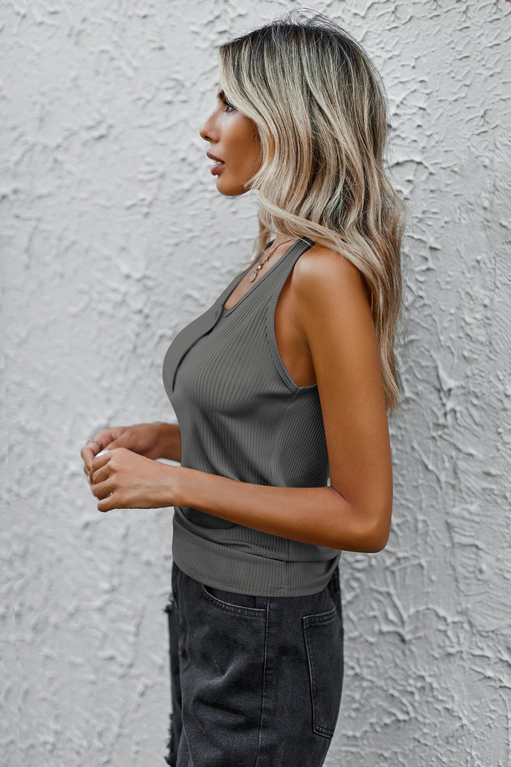 Gray ribbed sleeveless tank top with round front neckline