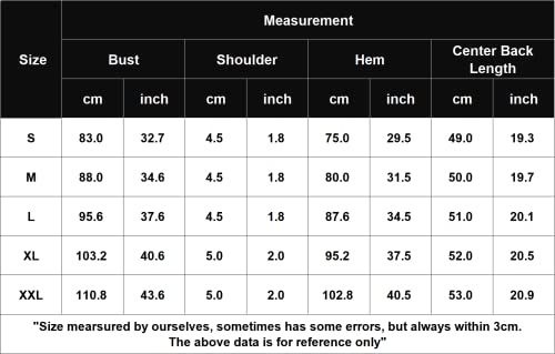 Tank top sizing chart table with size, bust, shoulder, hem, and center back length