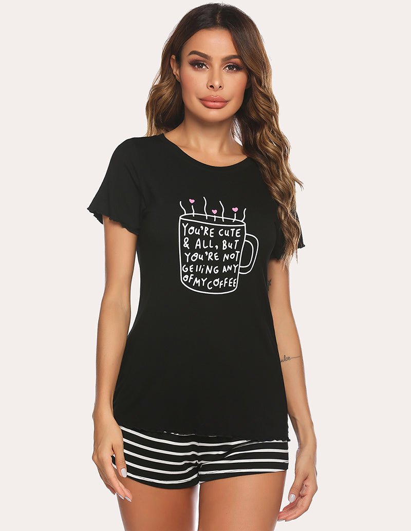 Black pajama set with ruffle seams, printed coffee mug T-shirt and striped shorts