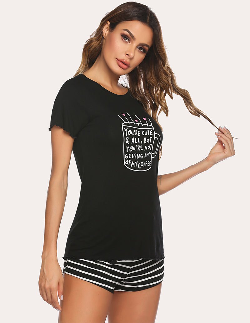 Black pajama set with coffee quote graphic short-sleeve tee and striped shorts