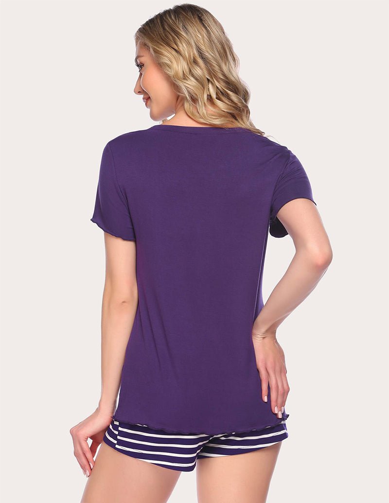 Purple pajama set, back view T-shirt with striped shorts
