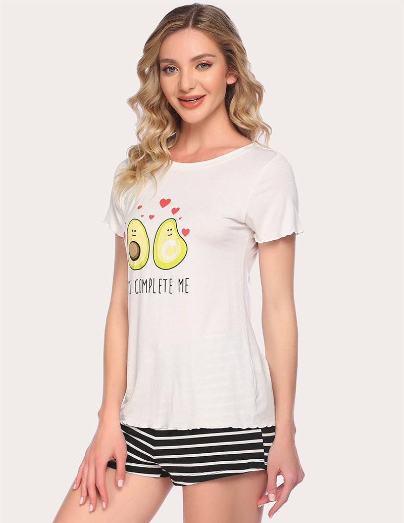 White pajama set with avocado heart 'You Complete Me' T-shirt and striped shorts