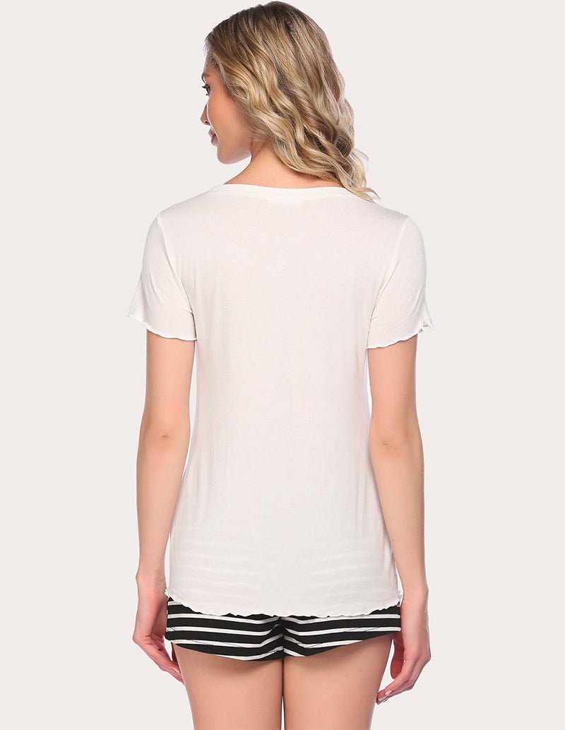 White pajama set, back view T-shirt and black-and-white striped shorts