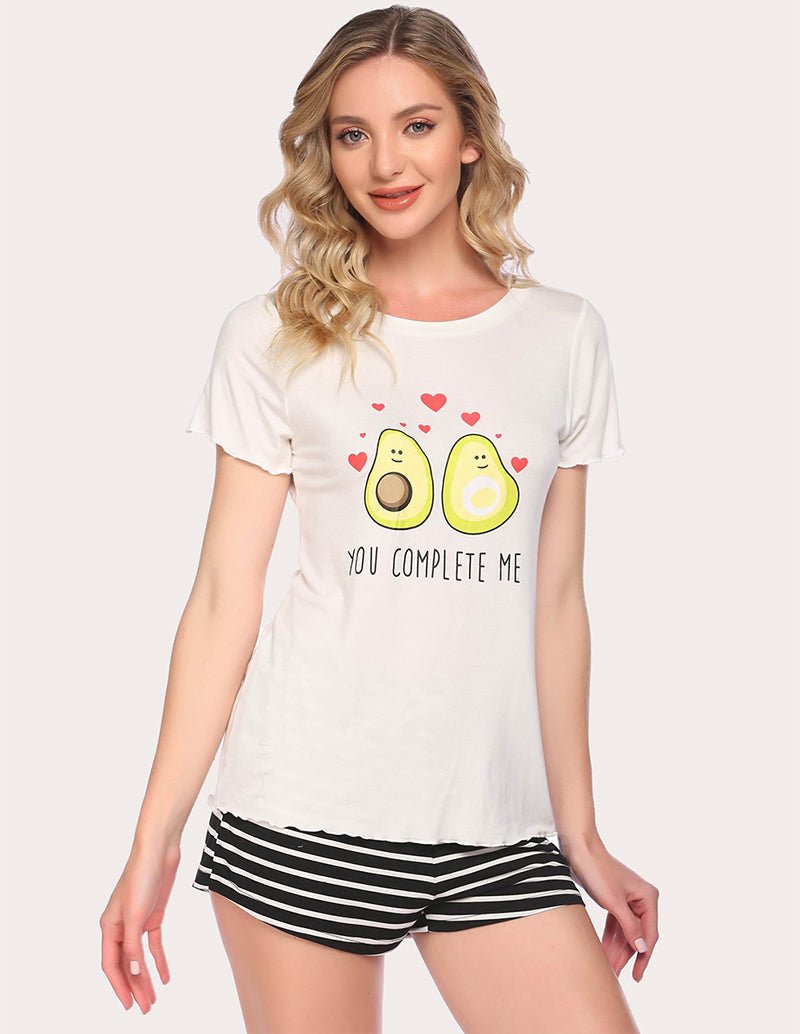 White pajama set with avocado heart graphic T-shirt and black-and-white striped shorts