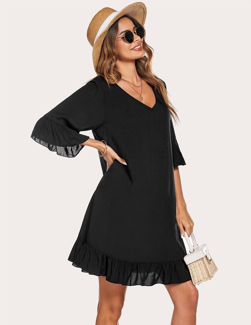 Black ruffled hem sleep dress with V-neck and tiered ruffle hem detail