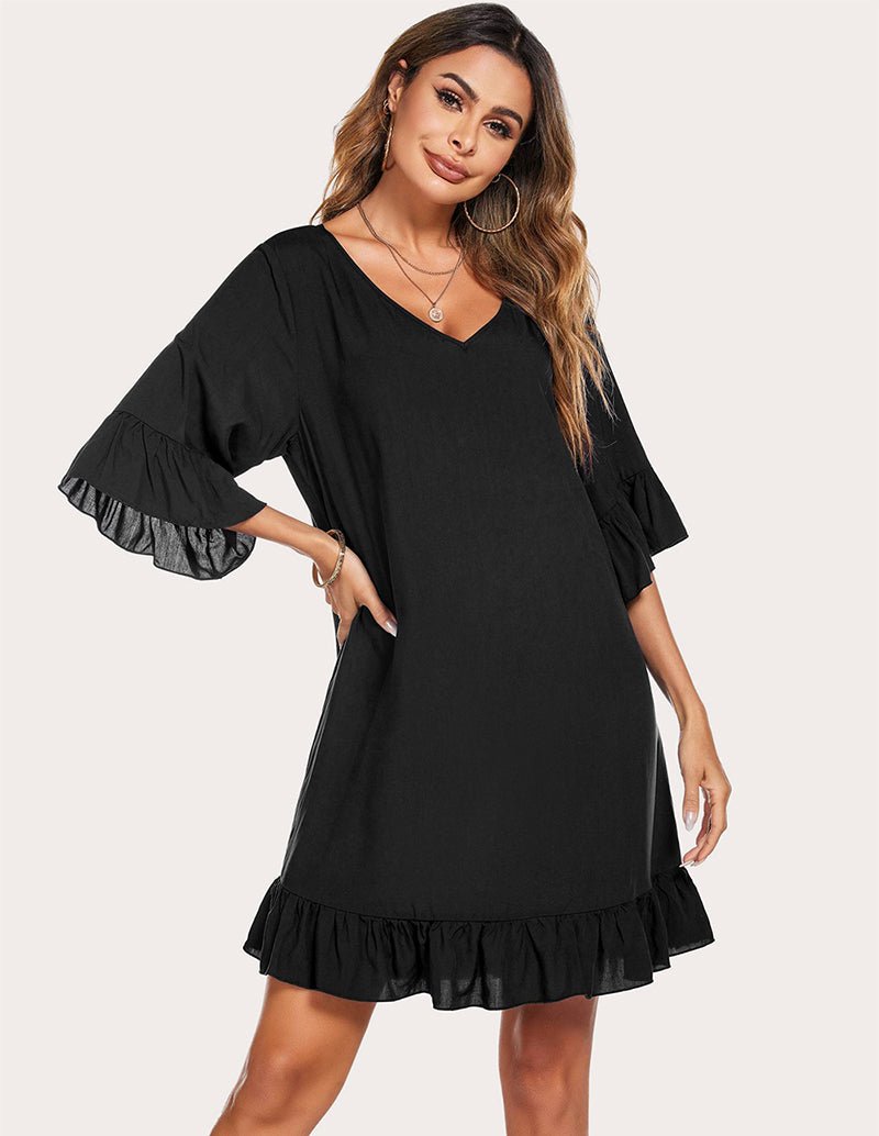 Black ruffled hem sleep dress with V-neck and three-quarter bell sleeves