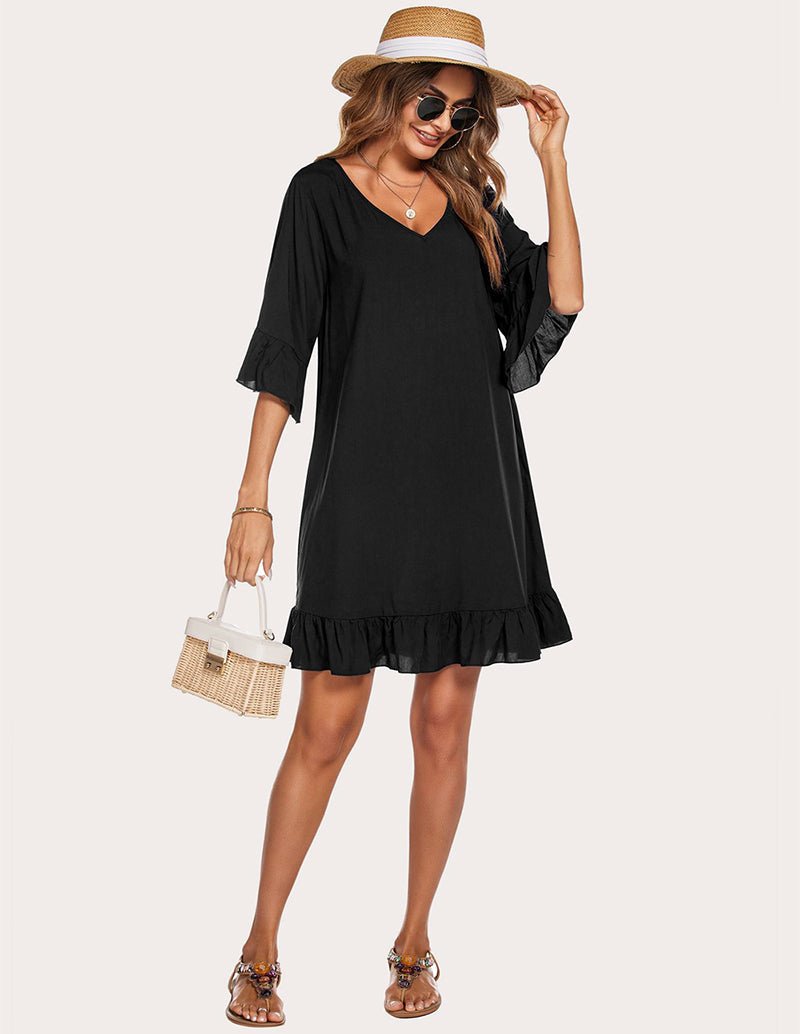 Black ruffled hem sleep dress with V-neck and three-quarter gathered sleeves